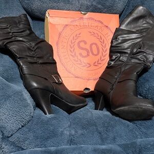 SO Black Mid-Calf Heeled Boots with Buckle Detail